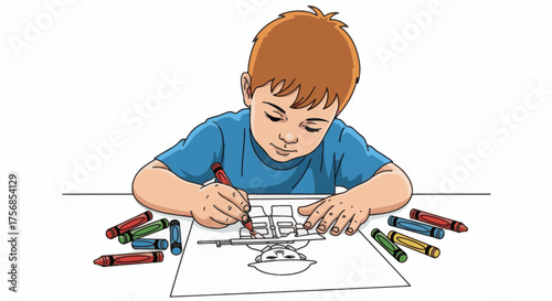Little boy joyfully immersed in a creative coloring activity, developing his artistic skills and fine motor coordination with an array of vibrant crayons on paper