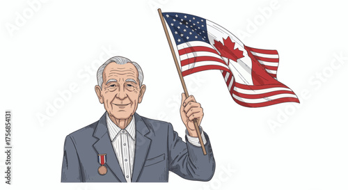 A proud senior man, wearing a medal, holds a flag combining US and Canadian elements, symbolizing international friendship and unity