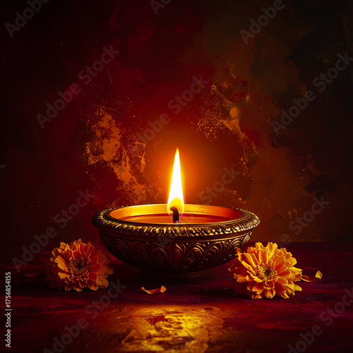 Stylish Festival of Lights Graphic with Ornate Diya and Floral Elements