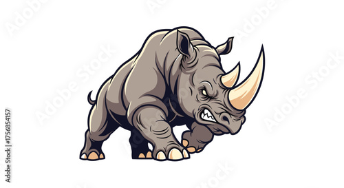 A powerful charging rhinoceros with a fierce expression and a large horn.