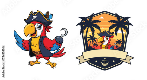 A cute cartoon pirate parrot with a hook hand and a pirate ship emblem.