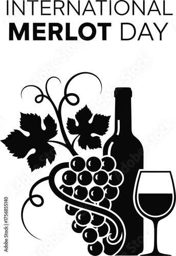 International merlot day illustration with wine bottle, glass, and grapes celebration