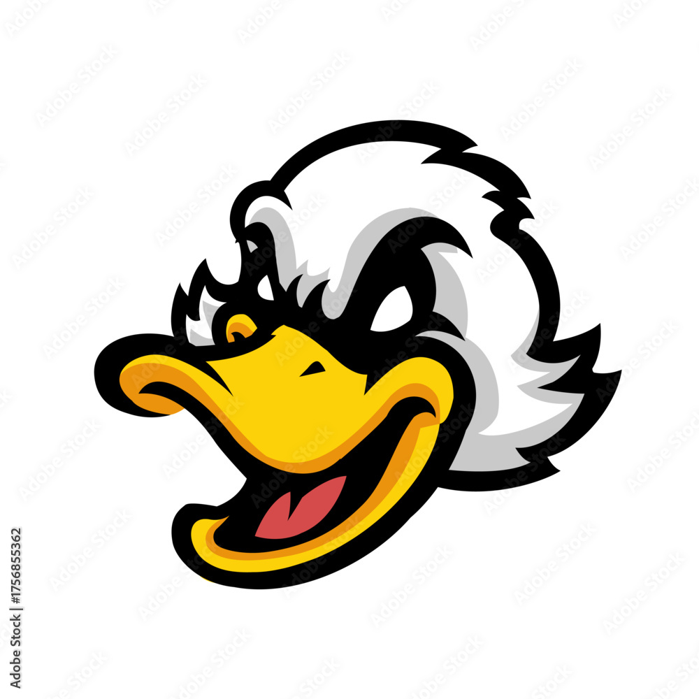 Naklejka premium Aggressive Duck Mascot Head with Open Beak and Fierce Eyes - Vector Illustration