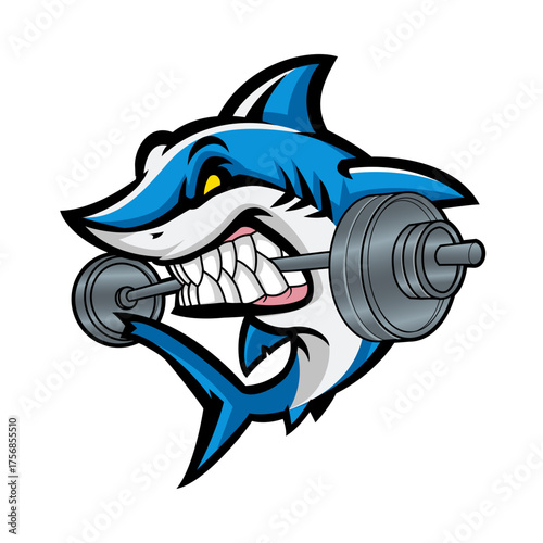 Aggressive Shark Athlete Gripping a Barbell in its Mouth, Ready for Intense Workout Session