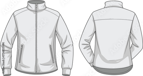 cad drawing flat vector illustration, zip up jacket design template, front and back view, fashion technical sketch, outerwear garment mockup