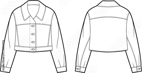 cad drawing flat vector illustration, women cropped denim jacket fashion template, front and back view, technical clothing design sketch