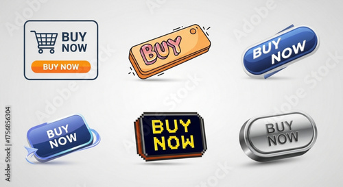 Collection of buy now button design elements for online shopping, ecommerce, and business vector illustration