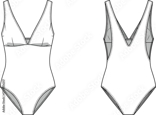 cad drawing flat vector illustration, women one piece v neck swimsuit design template, fashion technical sketch, front and back view