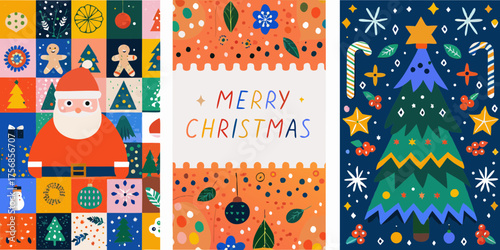 Whimsical christmas illustrations featuring santa claus decorated tree and festive greetings