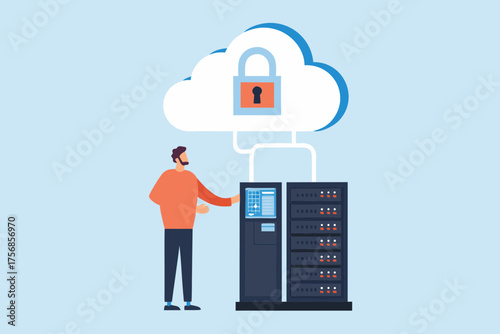 Man interacting with server racks connected to a secure cloud storage system