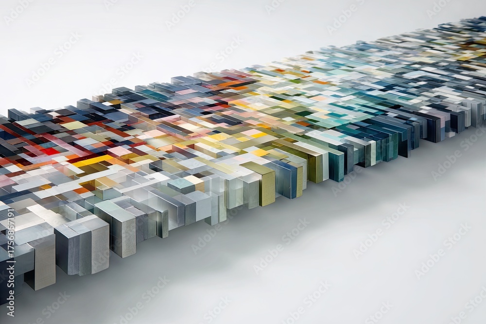 Obraz premium A long rectangular sculpture made of numerous small, colored, vertical blocks in a gradient