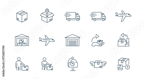 Collection of delivery and logistics icons, representing shipping, transportation, and supply chain management