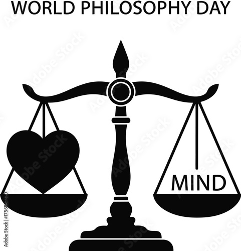 World philosophy day illustration with scales balancing heart and mind symbolizing reason and emotion