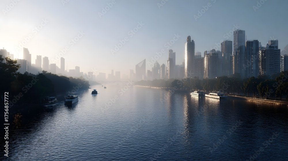 Obraz premium A city skyline emerges from morning mist over a tranquil river with boats