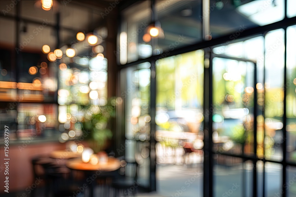Fototapeta premium Blurred interior of a cafe, showing tables, chairs, lights, and a glass entrance