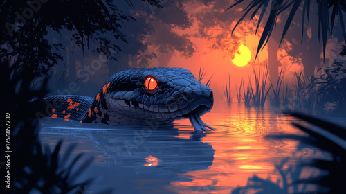 Create a silhouette style artwork of a snake framed by sunset colors