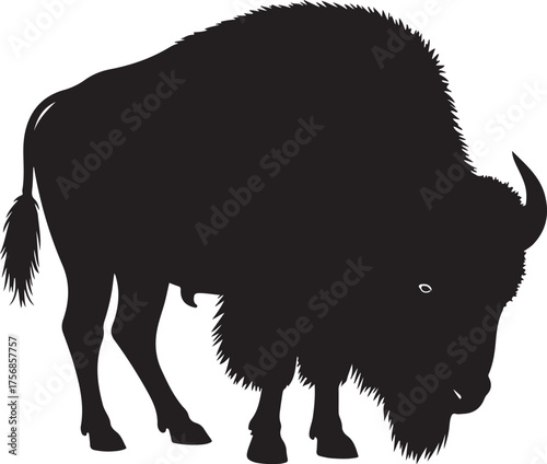 Black silhouette of a bison grazing on white background