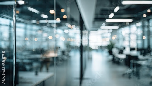 Wallpaper Mural Blurred, contemporary office interior showcasing workspaces, glass dividers, and ambient lighting Torontodigital.ca