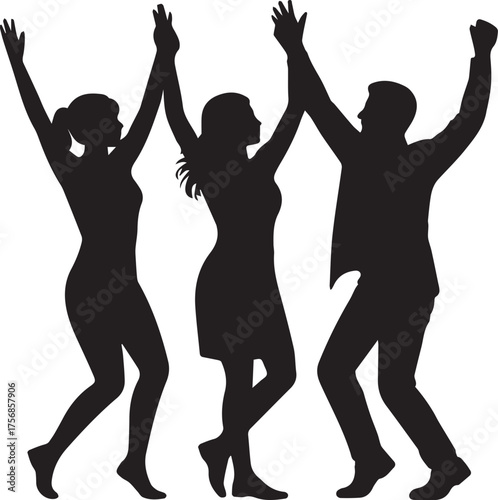 Joyful new year celebration silhouette of diverse friends dancing together excitedly