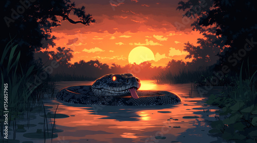 Draw a scenic view of a serpent on a branch outlined by sunset light