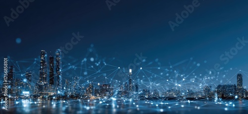 A nighttime cityscape with illuminated buildings and a network of interconnected lights overlaid across the skyline