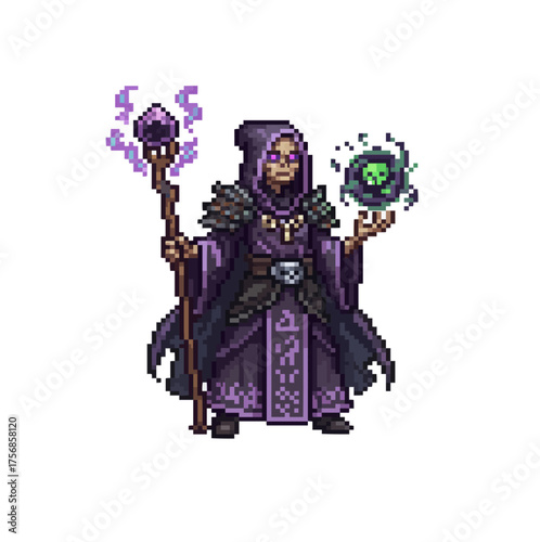 pixel art undead necromancer casting dark skull magic