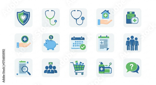 Collection of health insurance icons, representing various aspects of healthcare coverage and medical services