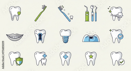 Dental care icons, representing various aspects of oral hygiene, treatment, and dental health for a bright and healthy smile