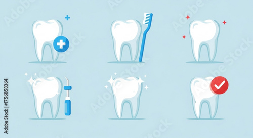 Dental care icons on blue background, showcasing various aspects of oral hygiene, treatment, and dental health for a bright and healthy smile