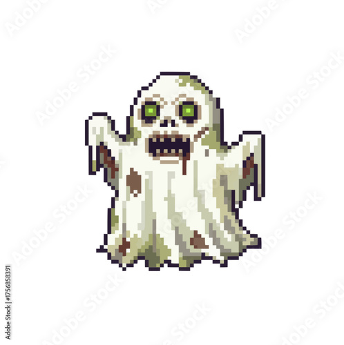 pixel art spooky ghost with terrifying face and stains