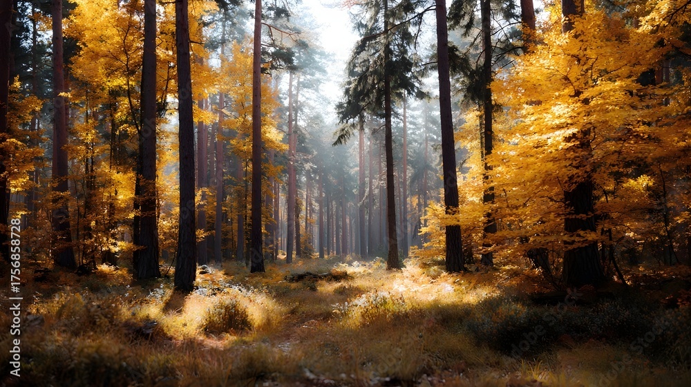 Fototapeta premium A sunlit path winds through a golden autumn forest with glowing foliage