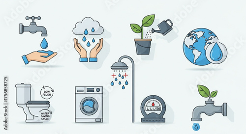 Water conservation icons, such as tap, rain, plant, earth, toilet, washing machine, shower, and meter