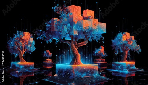 Vivid digital artwork depicting geometric trees with colorful, futuristic elements and a dark background