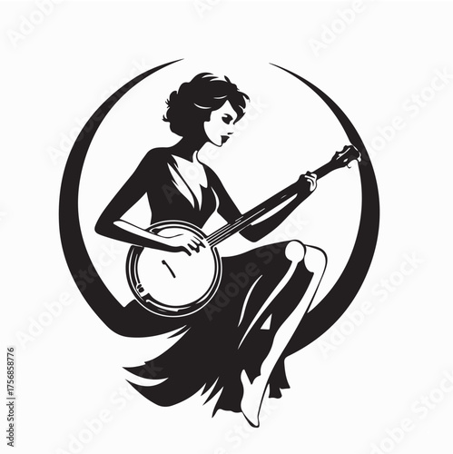 Woman Sitting and Playing Banjo Silhouette Vector Illustration