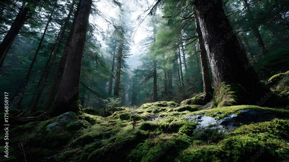Obraz premium Sunlight filters through a misty ancient forest illuminating moss covered trees and a lush forest floor
