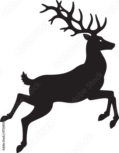 Black silhouette of a leaping stag with large antlers