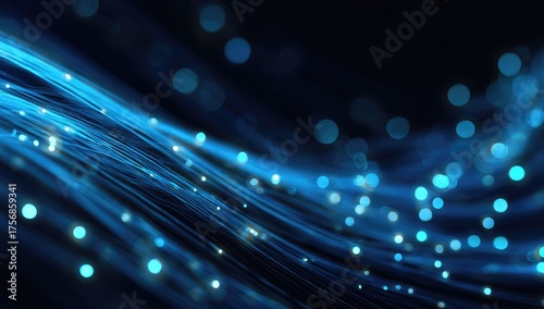 Abstract, flowing strands of light emit blue and white glows, blurred lights form a bokeh effect