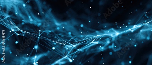 Abstract digital illustration featuring interconnected lines and glowing dots on a dark, fluid background