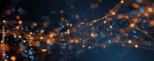 An abstract image of orange and blue points connected by lines against a dark blue background