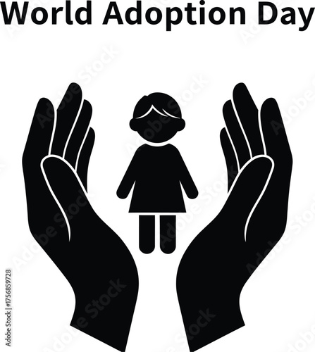 World adoption day illustration with hands holding a child symbolizing love and care