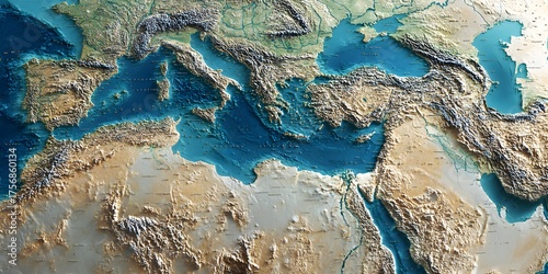 Detailed topographic relief map of the mediterranean sea region showcasing intricate coastlines and land elevation changes with clear water bodies and arid terrains