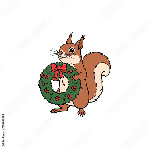 Cute squirrel holding a festive christmas wreath with red bow and greenery vector