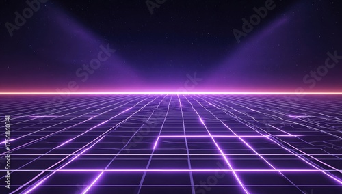 A retro-futuristic landscape with a neon grid floor, illuminated beams, and starry sky