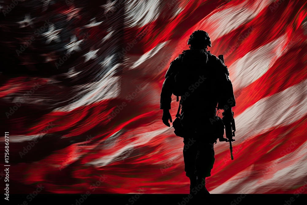 Naklejka premium Silhouette of soldier against vibrant American flag, a tribute to service and national pride