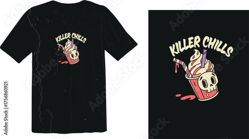 Killer Chills Cartoon Skull Dessert T-shirt Design with Melting Ice Cream and Retro Style