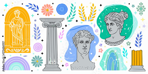 Collage of ancient greek statues columns and decorative elements with a modern artistic style