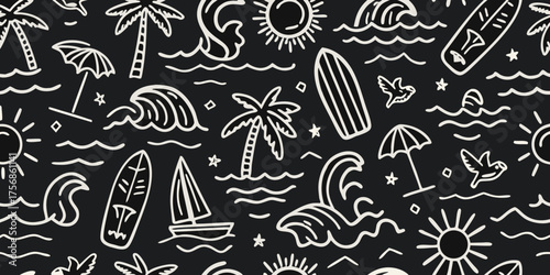 Seamless doodle pattern of summer beach vacation elements on a black background