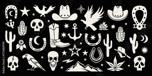 Collection of western americana icons and symbols in beige on a black background