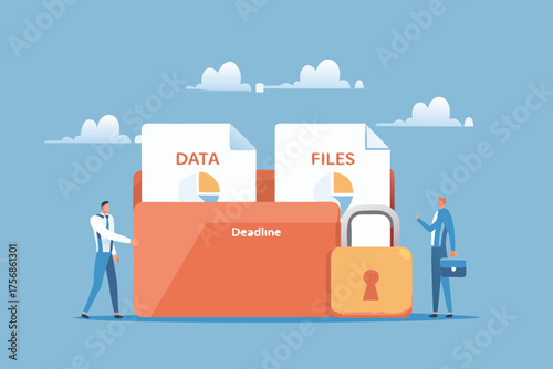 Businessmen securing important data and files with a padlock and folder on a deadline