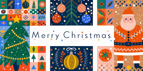 Whimsical merry christmas greeting card featuring santa claus and festive tree with abstract geometric patterns